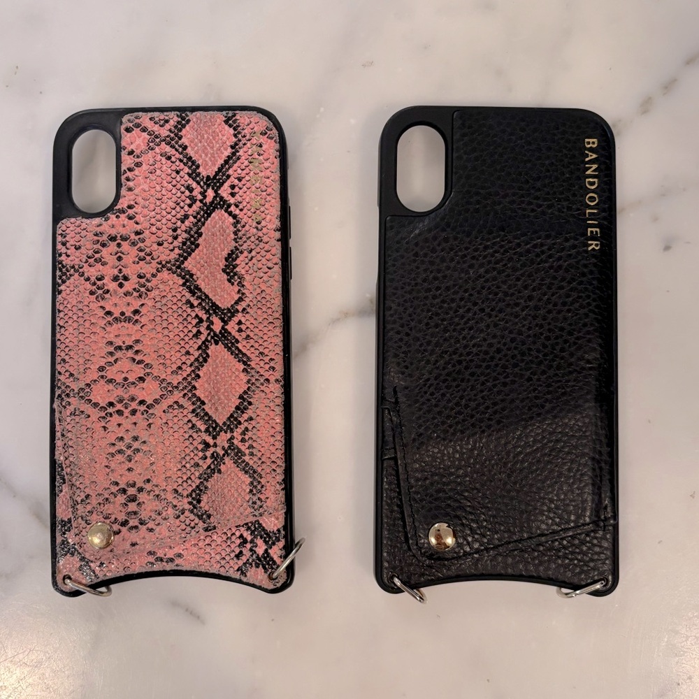 X2 Bandolier IPhone X leather cases pink snake skin and black pebbled leather